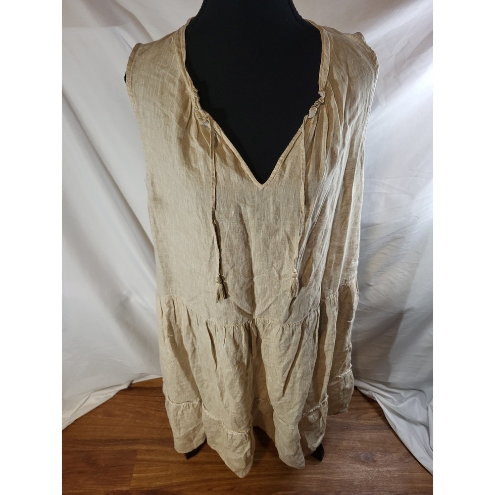 J McLaughlin Dress Womens Size M Tan Linen Sleeveless Tiered Tassel Boho Beachy